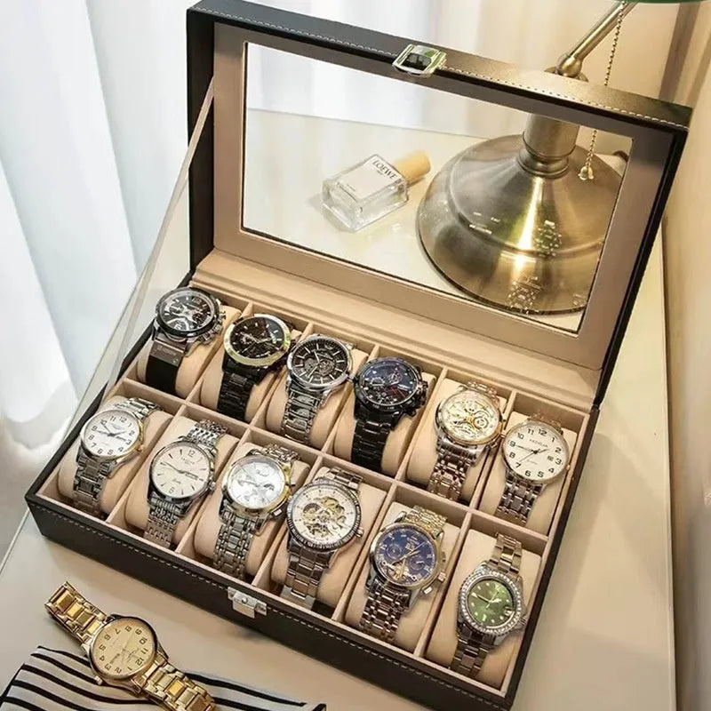 High-grade leather watch storage box in grey with dustproof see-through lid, 30x20x8cm