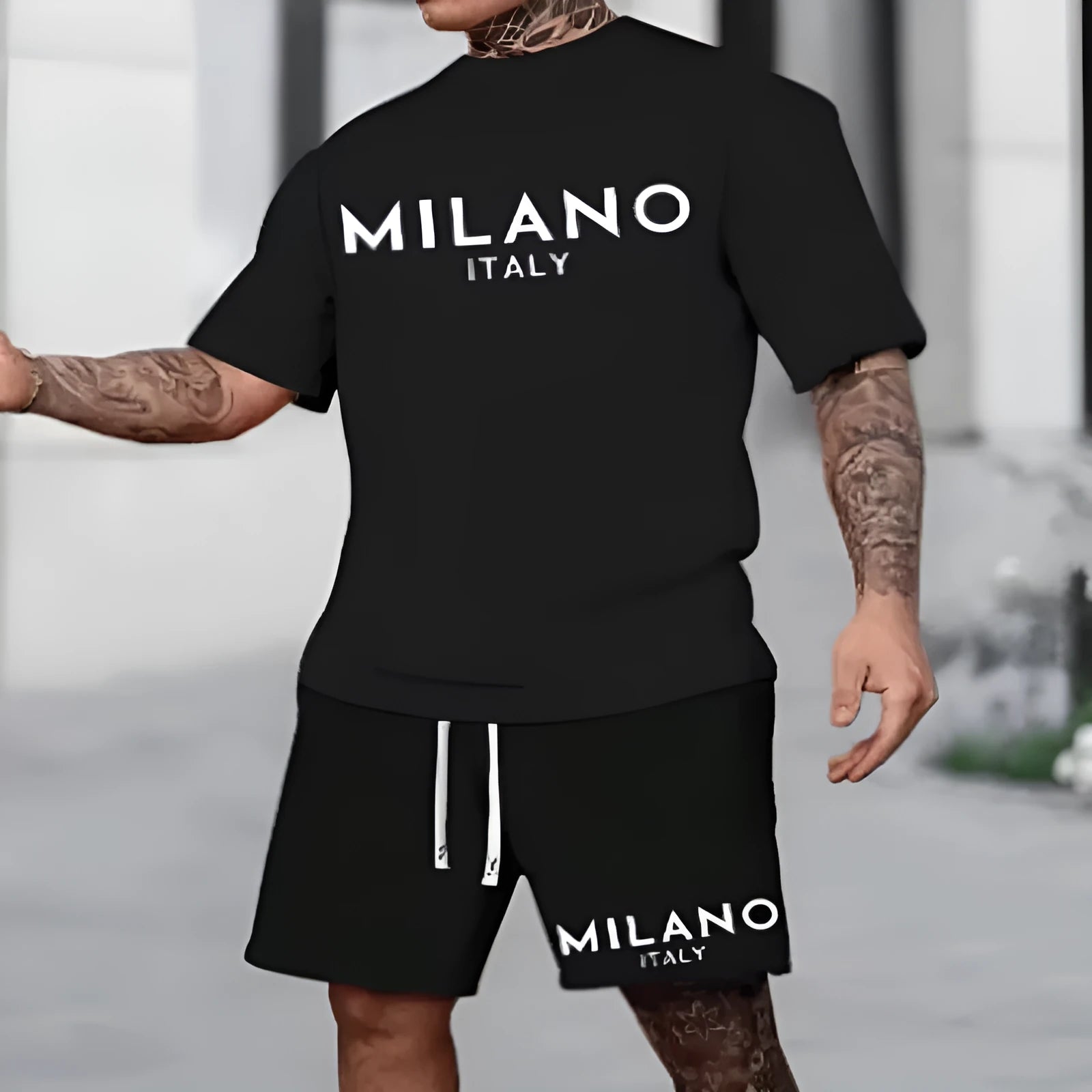 Polyester short sleeve suit set with matching top and shorts in multiple colour options