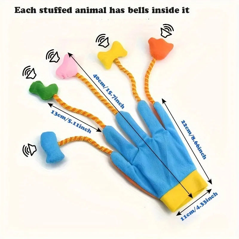 Yellow and blue plush magic glove cat toy with bell on 40cm wand