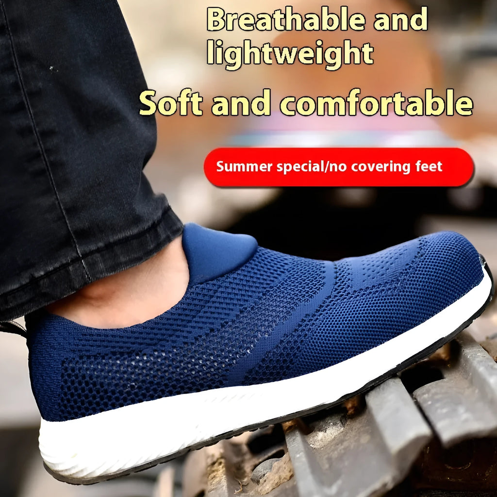 Men's lightweight anti-smash anti-puncture steel toe work shoes in black, mesh upper, low-top style