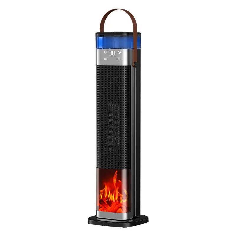 Tall, slim vertical ceramic heater with humidifier tank and remote control on a wooden floor.