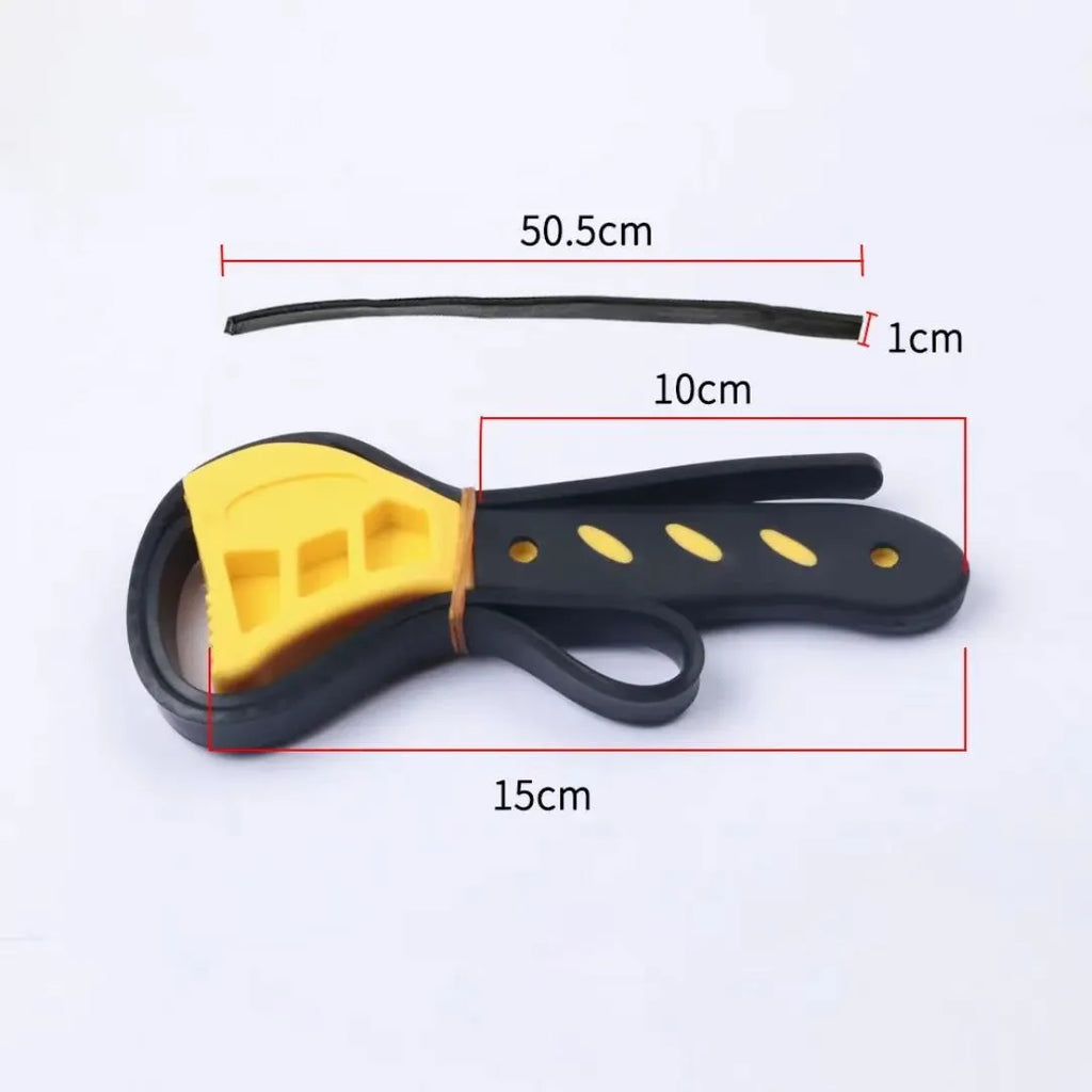 Two adjustable rubber strap wrenches, a 6-inch and an 8-inch model, with phosphated steel handles on a workbench.