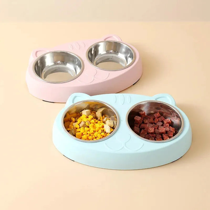 Plastic double bowl pet feeder tray in blue colour for cat and dog feeding