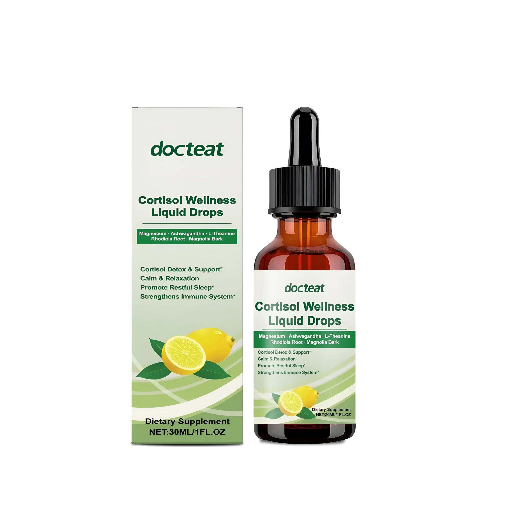 30ml glass bottle of amber liquid supplement drops with a black dropper.