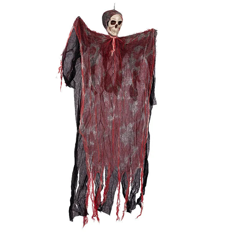 Halloween hanging ghost pendant with dyed blood effect skull decoration on a tree branch