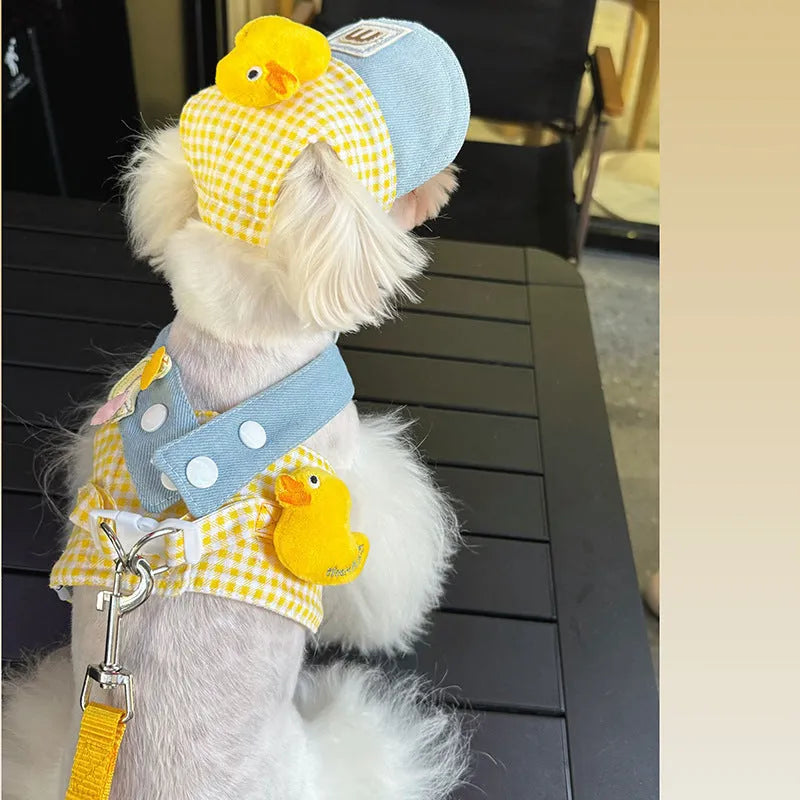 Pet harness and leash set with three-piece cat clothes outfit including hat