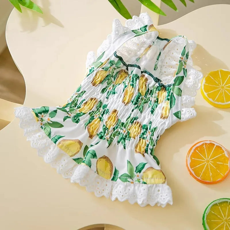 Dog clothes thin breathable strap skirt in rock yellow lemon, polyester, princess style for small dogs