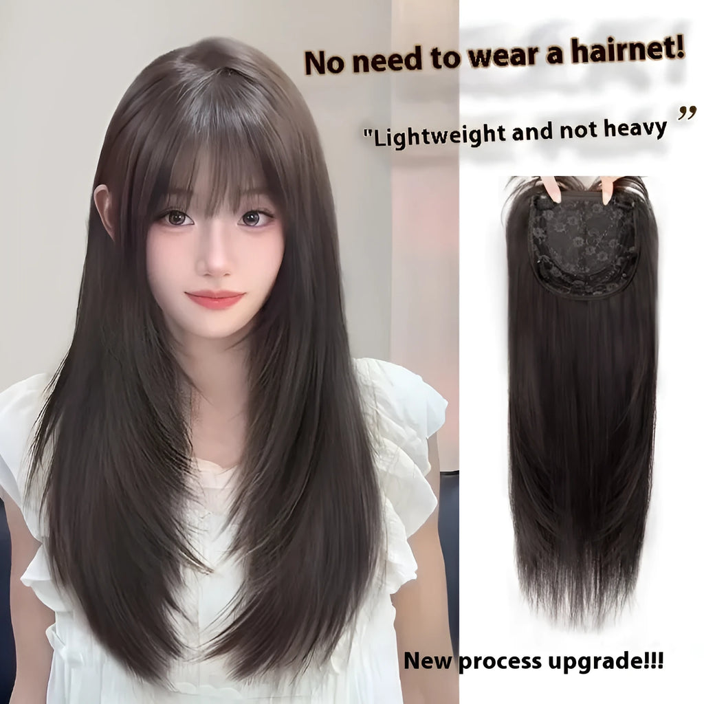 Black long straight high layered full-head wig for women with wear-free hair net