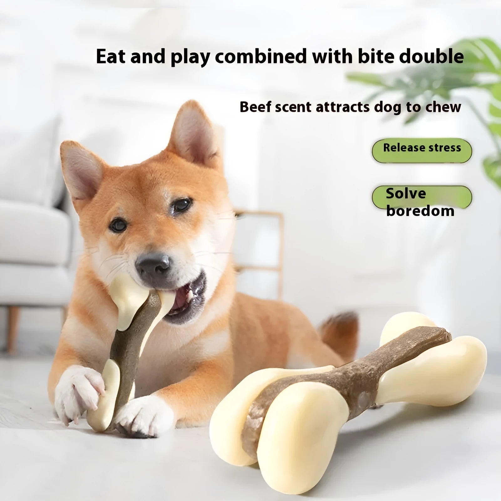 Dog bone grinding rod chew toy with cowhide and nylon construction in foodie bones design