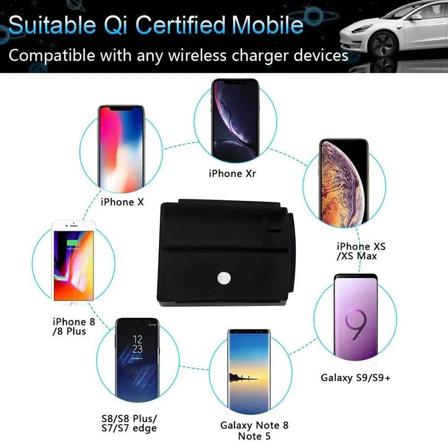 Black ABS plastic wireless charging base box for QI smartphones on a desk