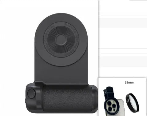 Black 3-in-1 magnetic phone camera holder with ergonomic handle on a wooden table.