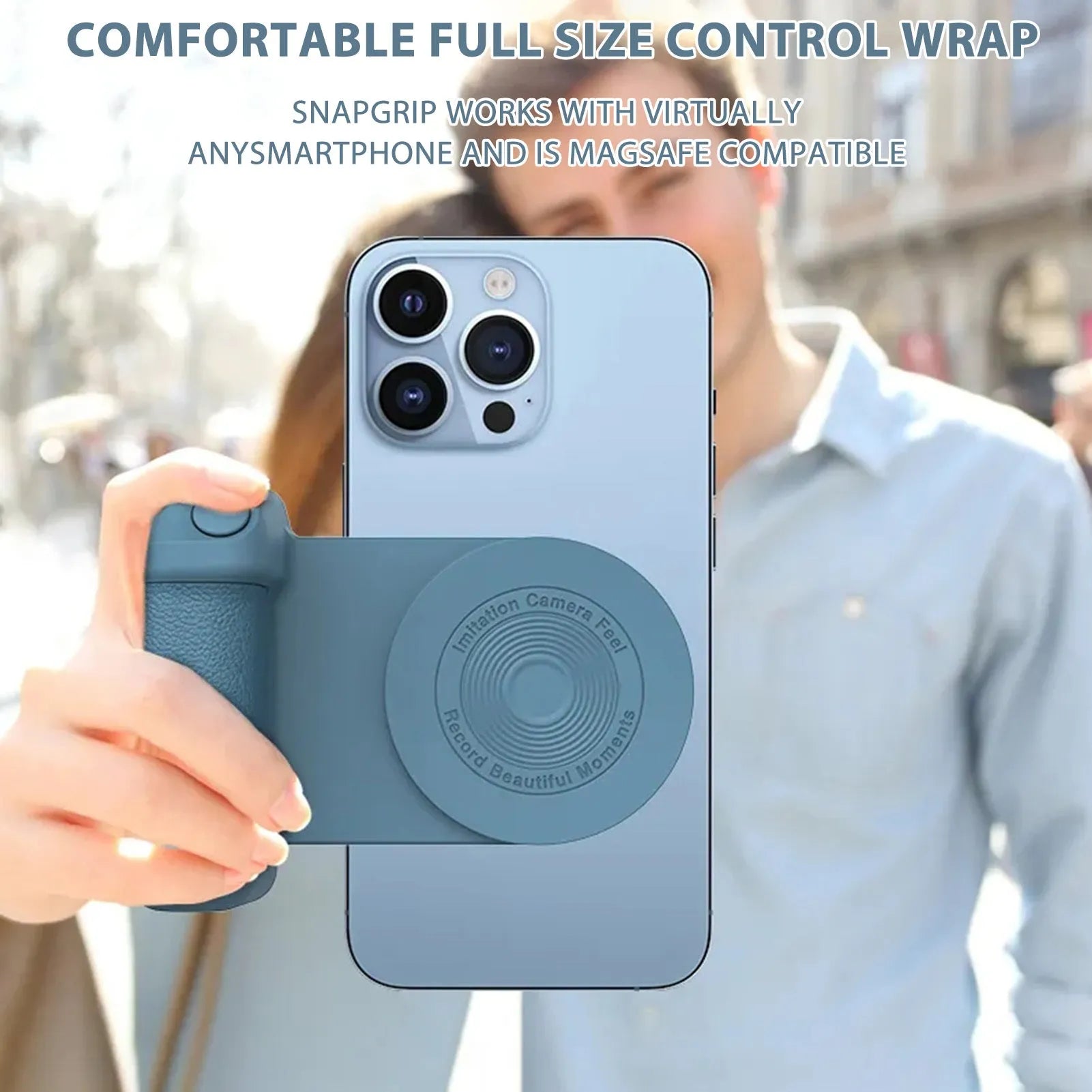 Black 3-in-1 magnetic phone camera holder with ergonomic handle on a wooden table.