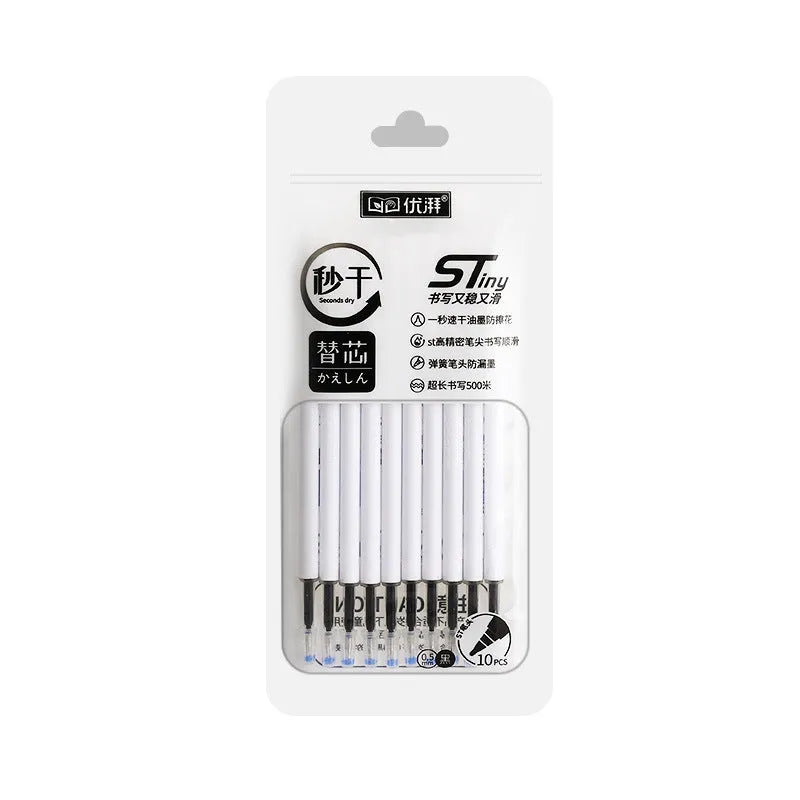 Pack of 10 quick-drying gel pen refill cartridges in black, blue, red, and ink blue colours.