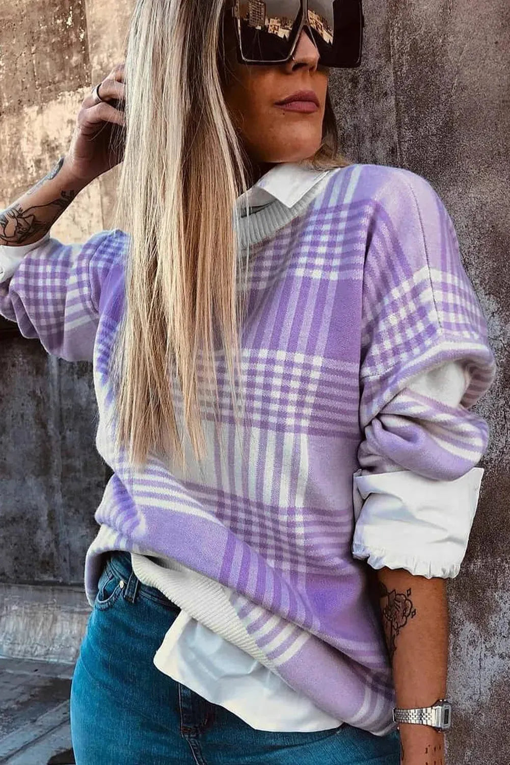 Loose lilac plaid print sweater with ribbed trim in viscose polyester polyamide blend