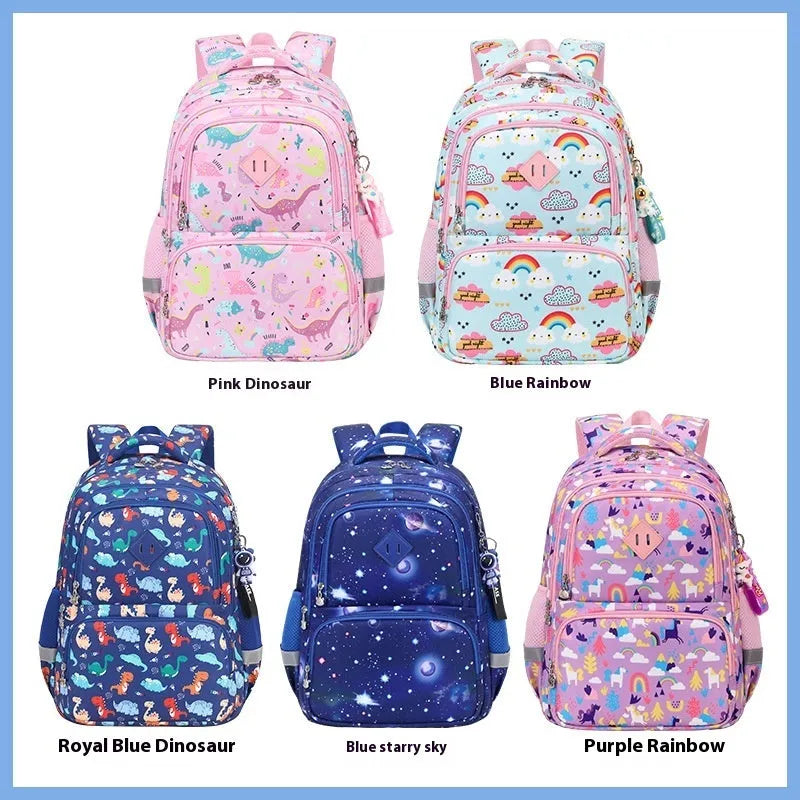Children's waterproof Oxford cloth school backpack in a choice of dinosaur, rainbow, starry sky, and geometric designs.
