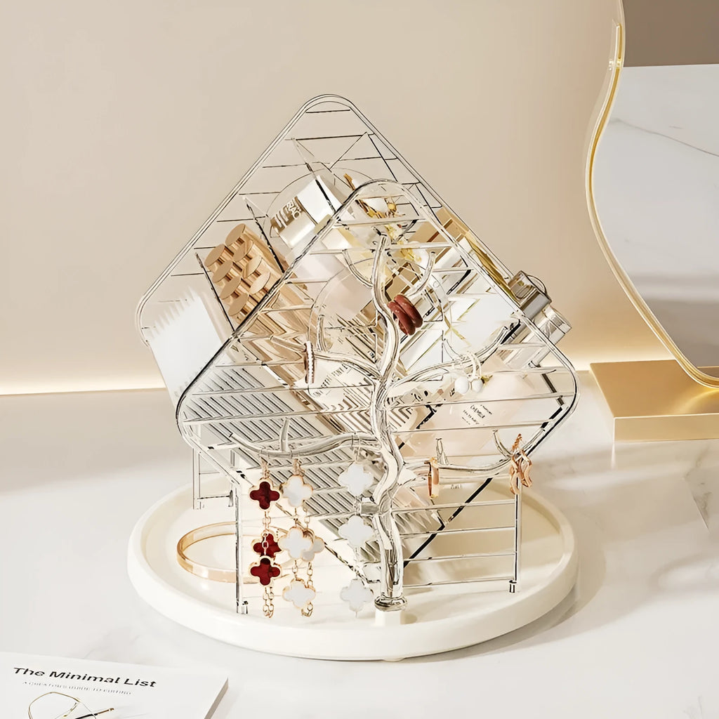 Rotating cosmetics storage box in clear and amber gold plastic with 360-degree rotation