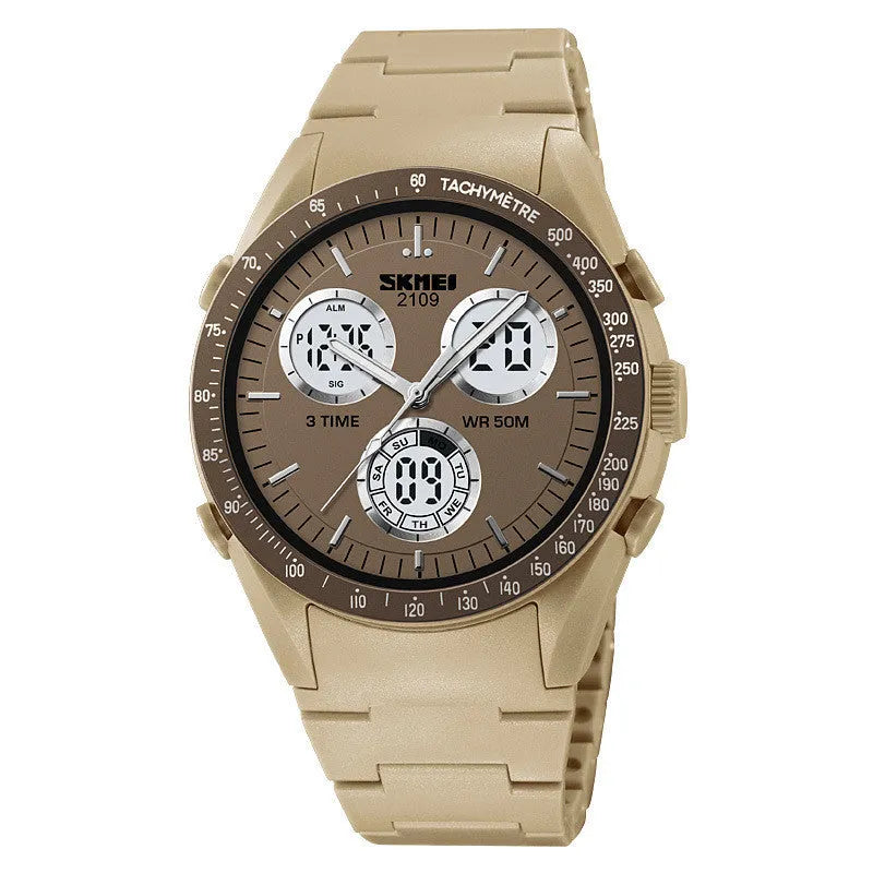 Men's and women's electronic casual watch with camouflage strap showing 50m waterproof rating.