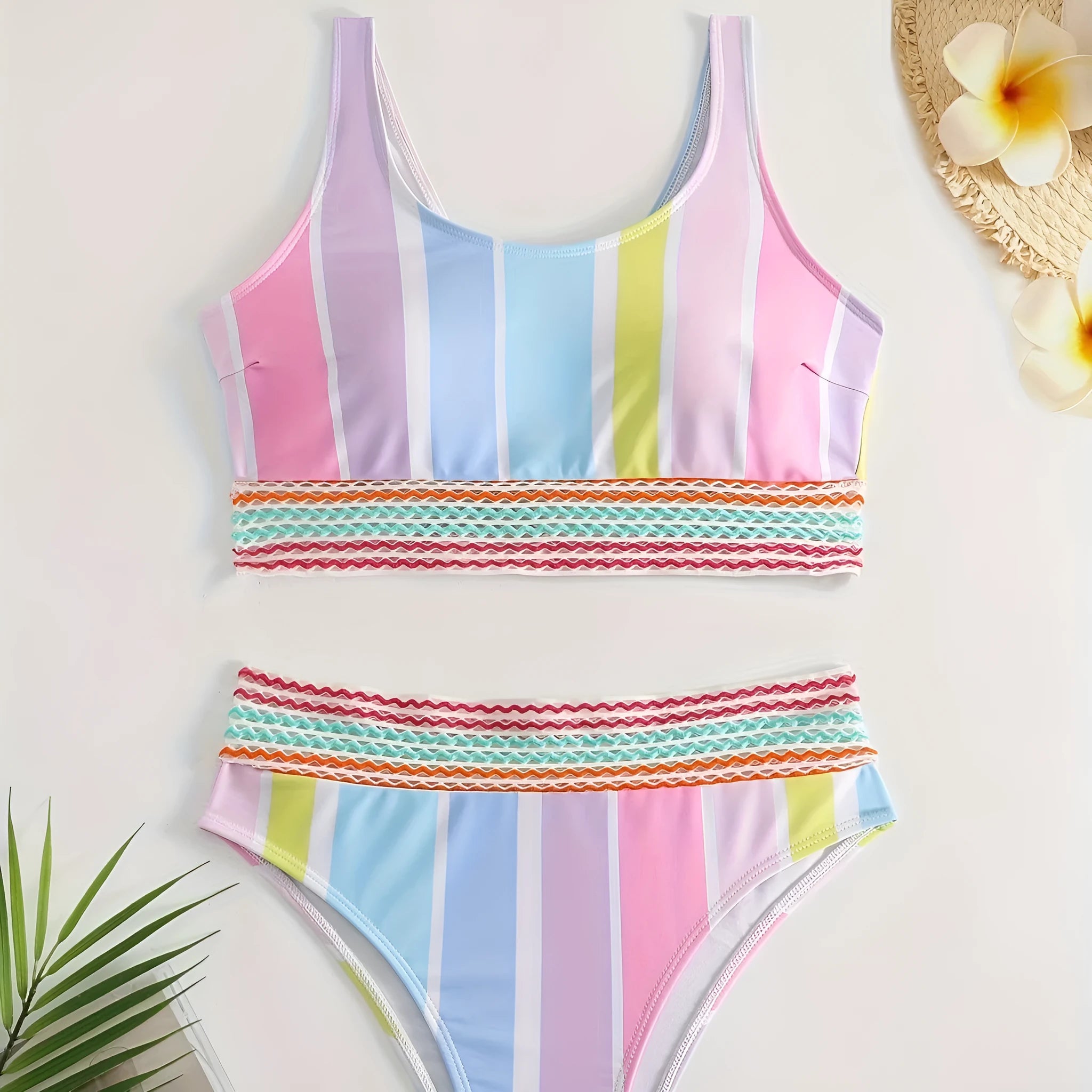 Women's striped bikini swimwear with briefs style in polyester spandex fabric