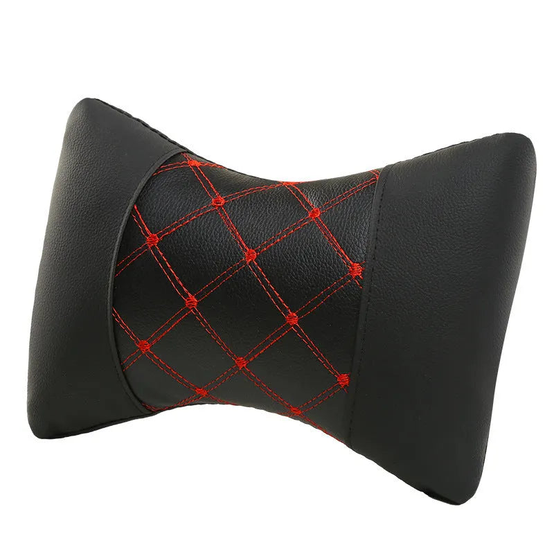 Black leather quilted car headrest cushion with diamond check pattern for cervical neck support