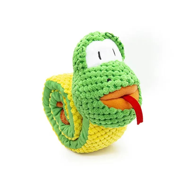 Squeak dog puzzle toy in frog, snail, or snake design with foraging holes