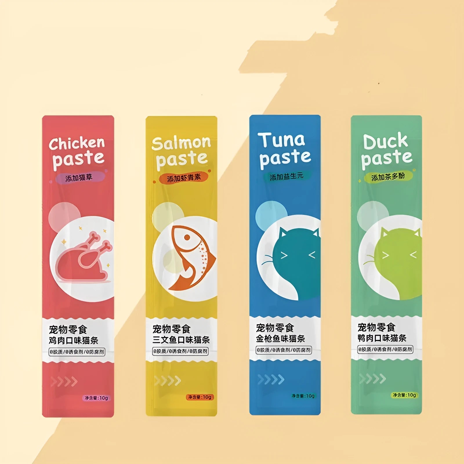 Pack of 10 cat strip snacks for kittens in childhood stage with four flavour options