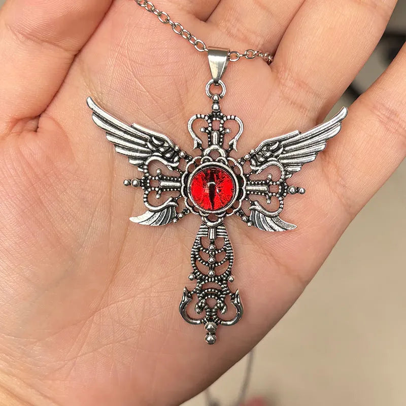 Alloy devil wings cross pendant necklace in geometric shape showing blue colour option