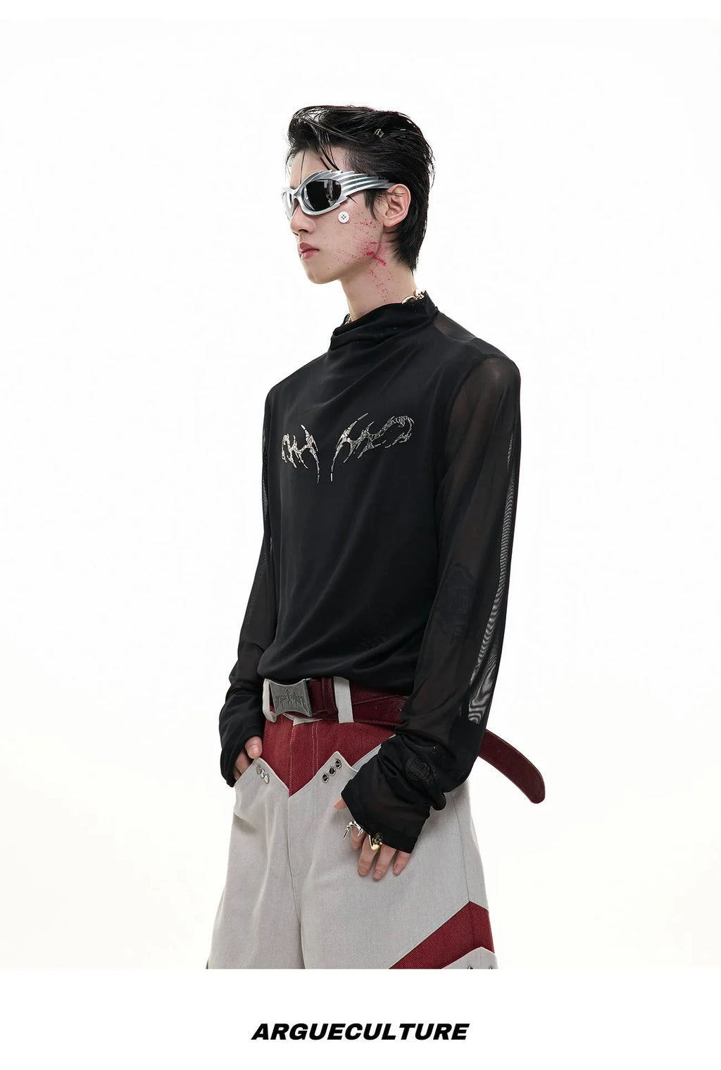 Black slim-fit long sleeve mesh shirt with a cooling ice-feel texture, shown on a model.