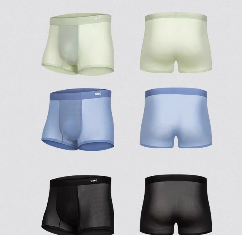 Men's seamless antibacterial sports underwear shorts in black, blue, green, and silver colours.