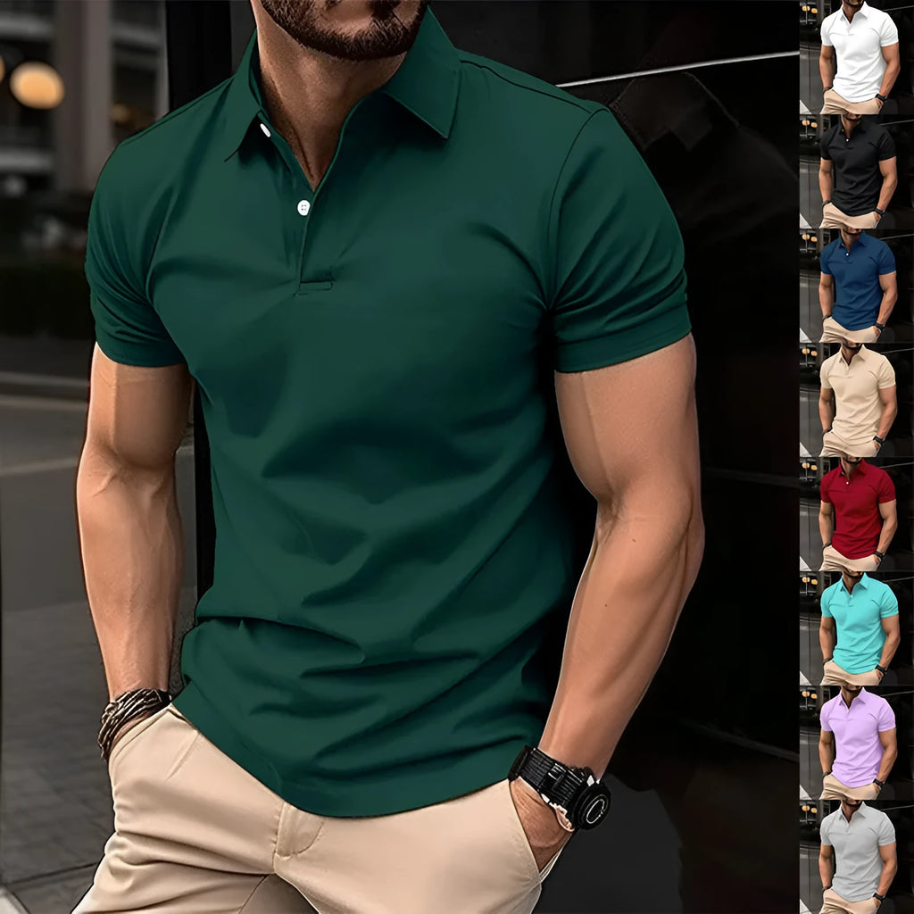 Men's solid colour short sleeve polo shirt with a button lapel collar, shown in multiple colour options.