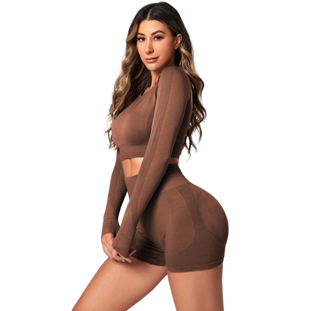 Women's high-waist yoga suit with long sleeves in black quick-drying fabric