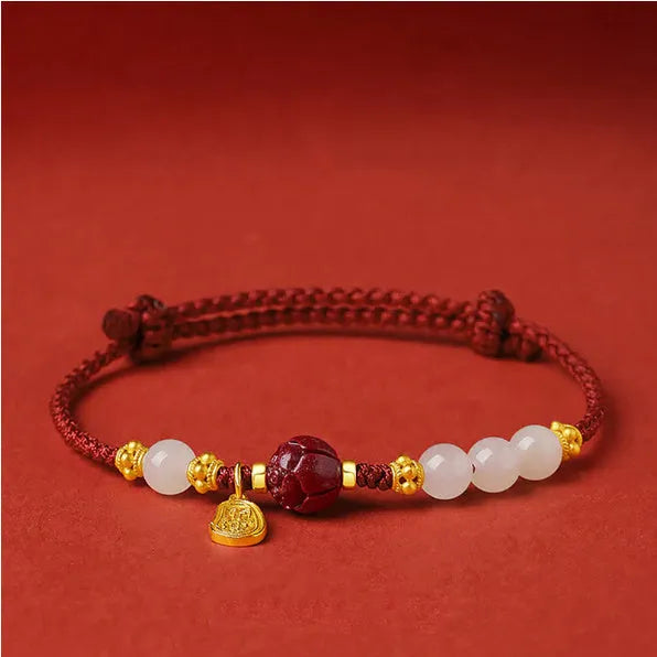 Handcrafted Hetian jade cinnabar red rope women's bracelet with 925 silver adjustable chain