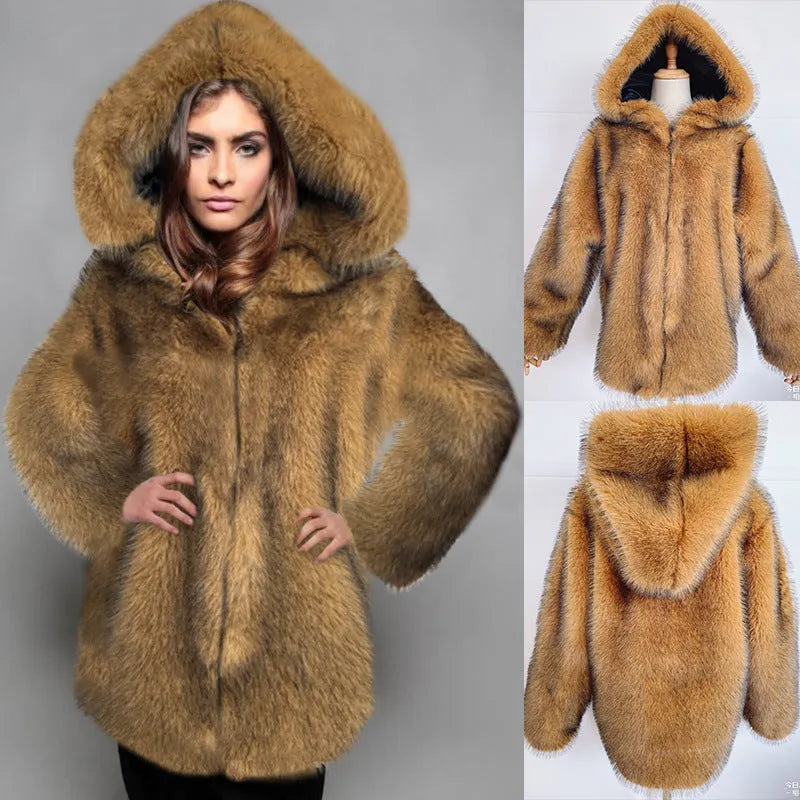 Women's silver grey artificial fur coat with mid-length design and loose trendy fit