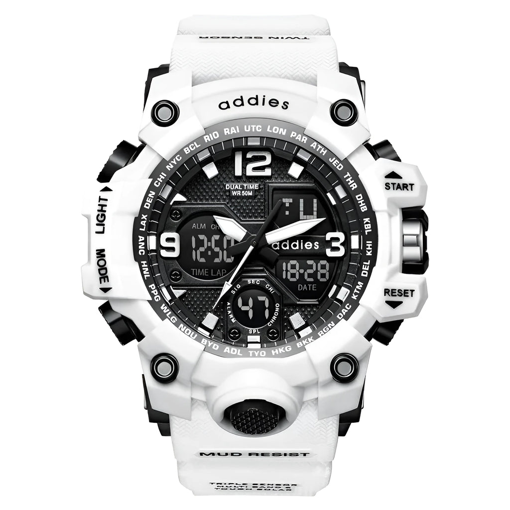 New electronic watch with dual display, round plastic case, plastic strap, and 50m waterproof rating for men