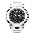 New electronic watch with dual display, round plastic case, plastic strap, and 50m waterproof rating for men