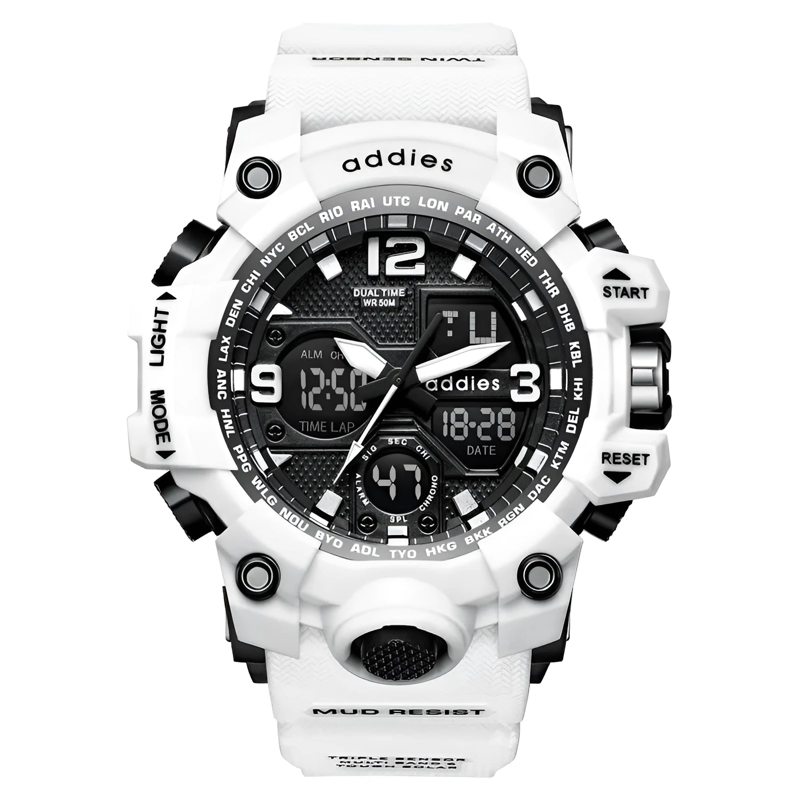 New electronic watch with dual display, round plastic case, plastic strap, and 50m waterproof rating for men