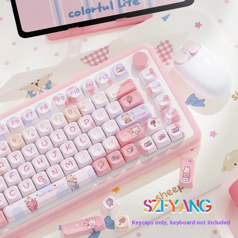 Sweet Cotton Candy coloured PBT keycap set for mechanical keyboards laid out in pink and blue pastel tones.
