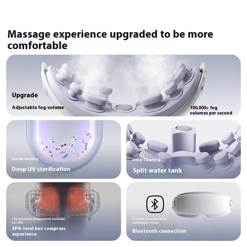 Bluetooth eye massager hot compress device in green, ink grey or purplish grey colour with steam moisturising function