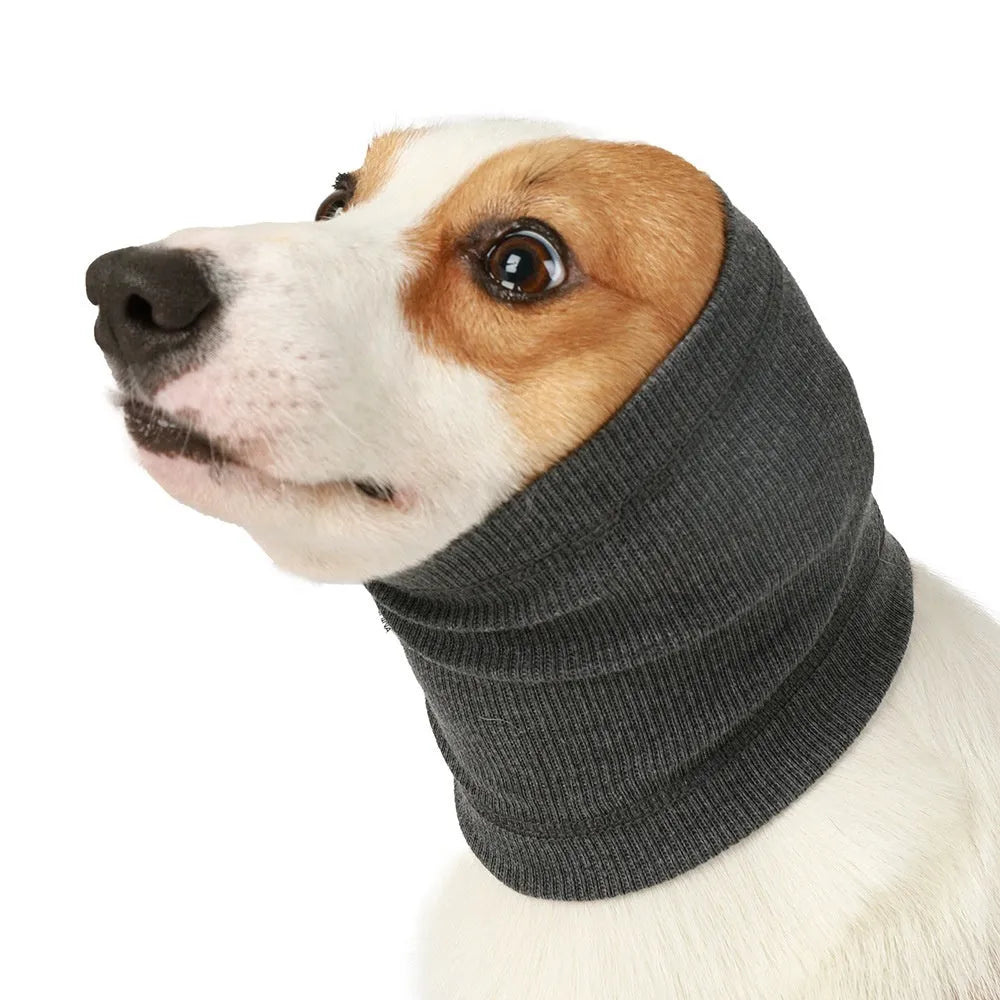 Blue and grey polyester headband scarf for dogs in small, medium, and large sizes.