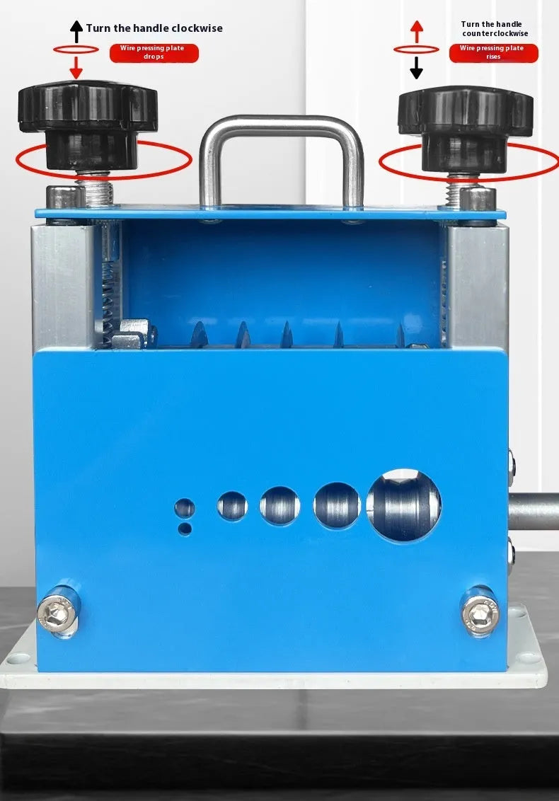 SD-017 manual wire stripping machine on a workbench, compact tool for stripping cables from 0.5mm to 17mm diameter.