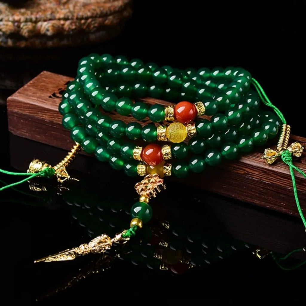 Natural green agate multi-circle bracelet on display showing 8mm bead size unisex design