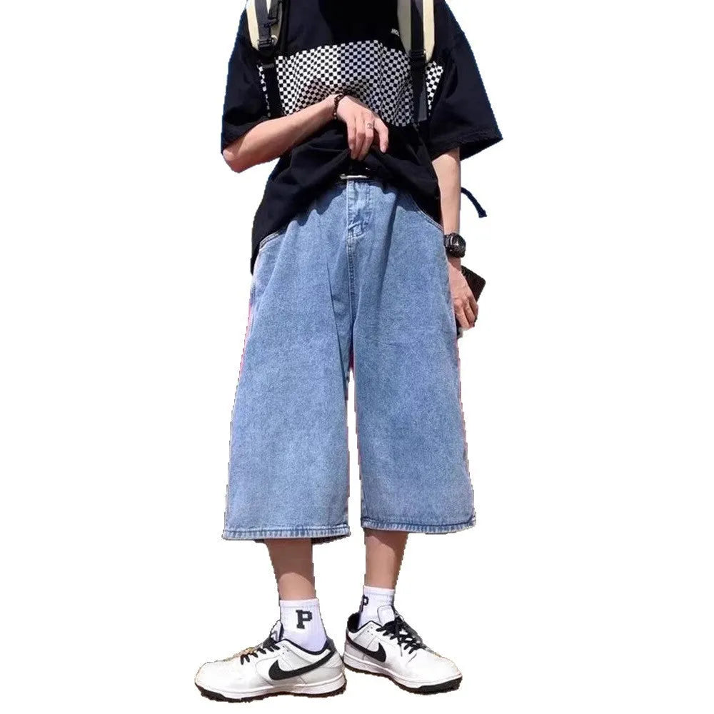 Blue men's denim pirate shorts with high waist, cropped length, and straight legs on a mannequin.