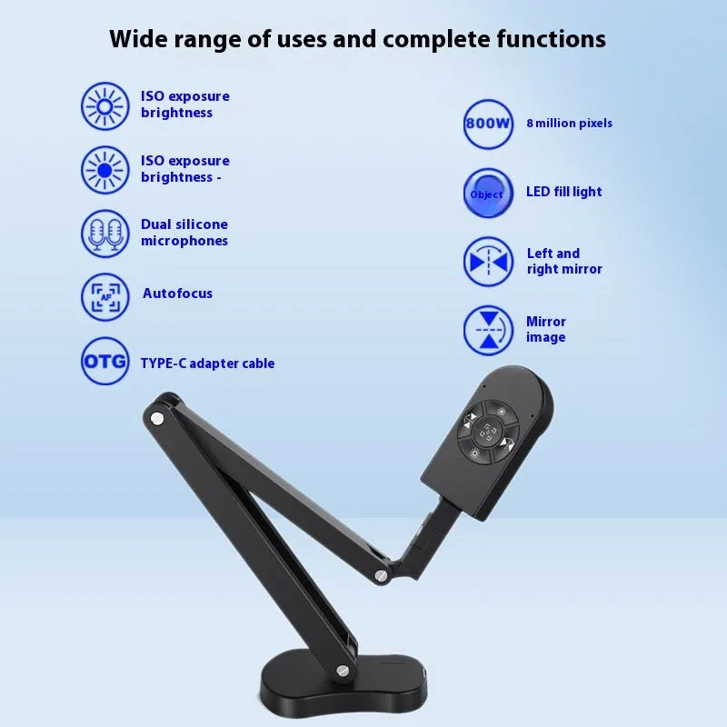 Black USB webcam with microphone for computer and mobile video calling, showing 8MP sensor and included data cable.