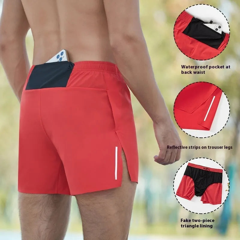 Men's loose fit off-road running shorts in black, shown from front and side.