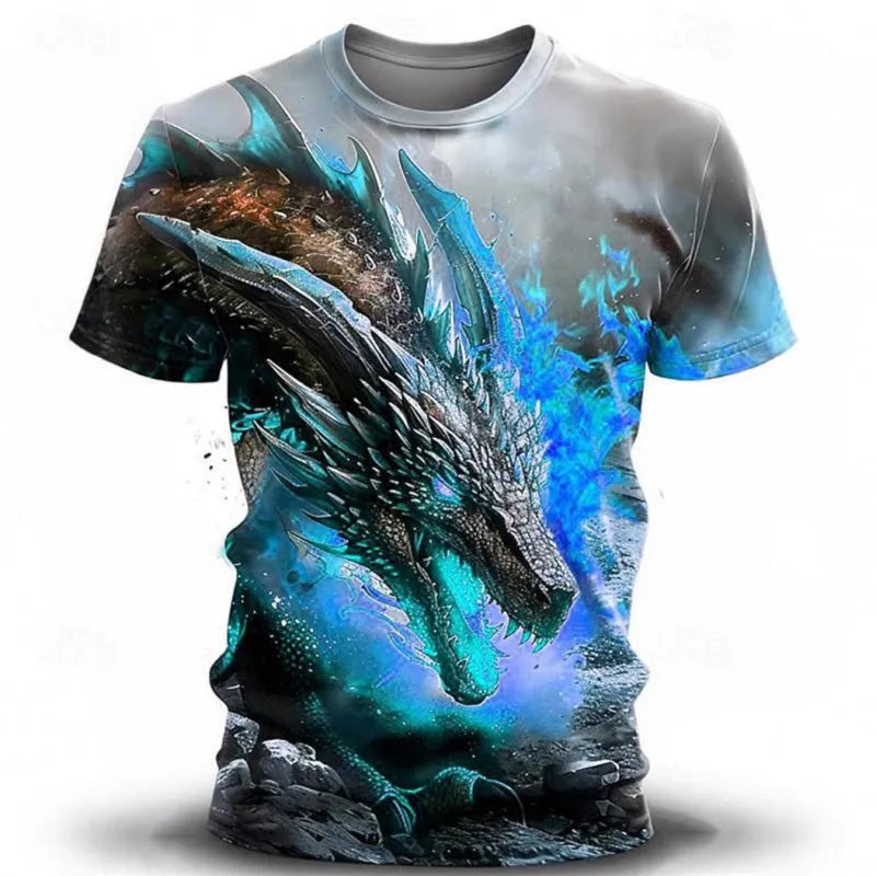 Men's grey T-shirt with a large blue and white 3D wind dragon print across the chest.