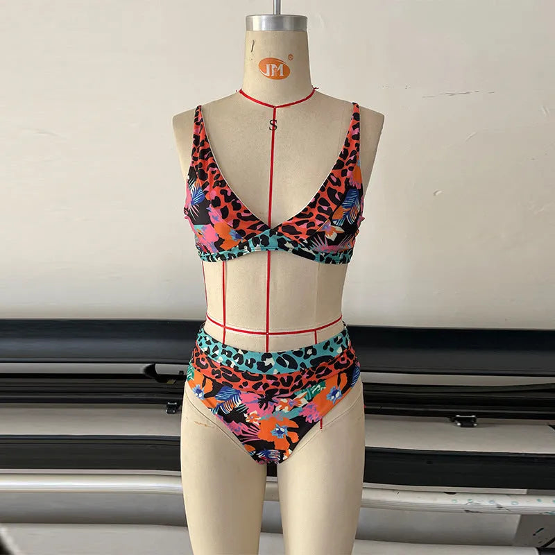 Women's floral print high waist bikini set in polyester fabric for swimming