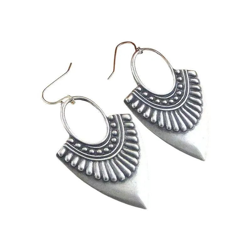 Ancient silver geometric carved triangle pendant earrings on alloy