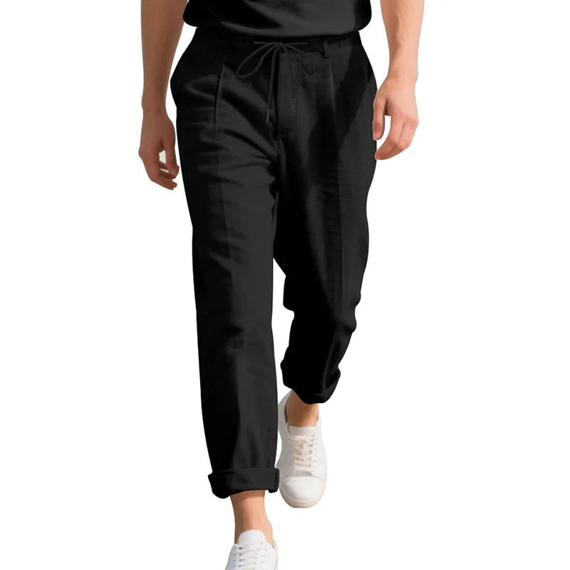 Men's linen casual trousers with drawstring waist in straight leg style for summer wear
