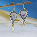 Retro blue drop earrings with synthetic opal and pearl on electroplated metal, 49mm long.