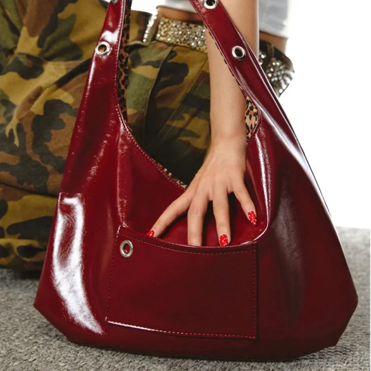 Red leopard print women's shoulder bag with dumpling shape and crossbody straps