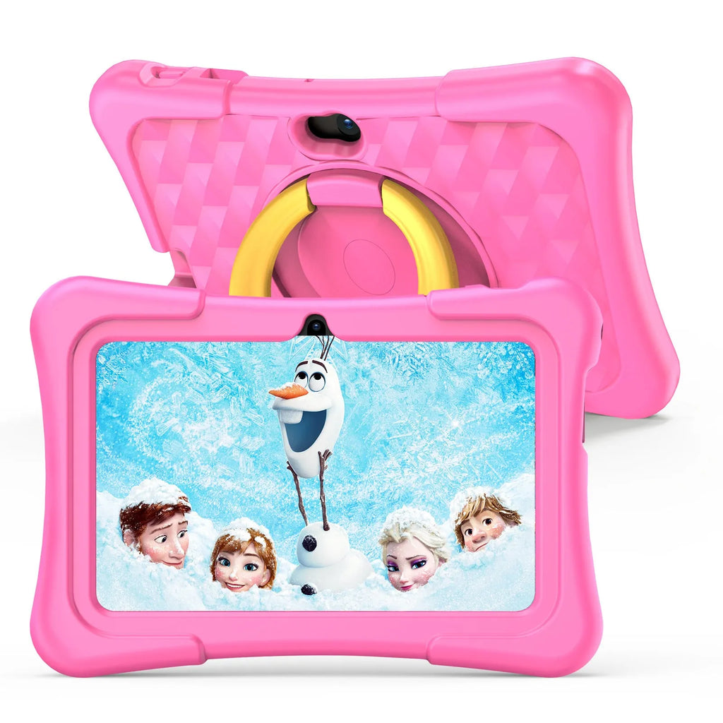 Blue children's educational tablet with a silicone protective cover and a white rotating handle bracket attached.